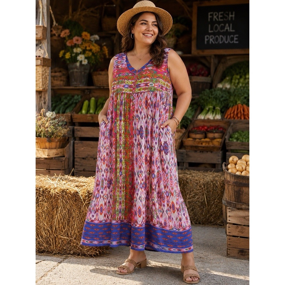 Easel Plus 1XL  Patchwork Boho Wide Leg Jumpsuit Oversized CottageCore